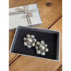 Vintage Clip-On Silver Pearl Cluster Earrings In Gift Box